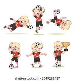 Personagem Blonde Menina Jogando futebol com pose diferente