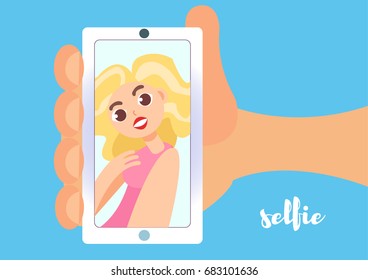 Cute blonde girl doing selfie. Flat cartoon vector illustration with lettering