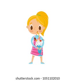 Cute blonde girl drinking milk shake with straw vector Illustration on a white background