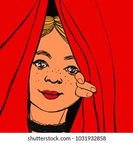 Cute blonde girl with freckles in a black choker necklace looking through the red curtain. Vector curious woman illustration.
