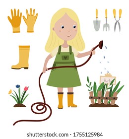 Cute blonde girl gardener with hose watering flowers and herbs in her garden. Set of garden tools and instruments - fork, trowel, scissors, gloves, boots. Flat vector illustration isolated on white