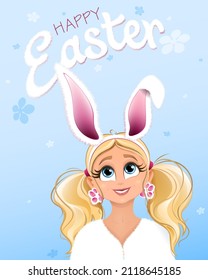 Cute Blonde Girl In Hair Band With Bunny Ears. Easter Card