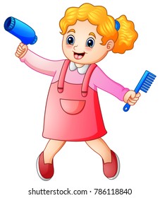 Cute blonde girl hairdresser with comb and hairdryer