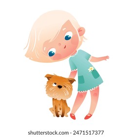 Cute blonde girl and her best friend fluffy little dog, Child character playing with pet doggy, kids and petting puppies illustration. Vector hand drawn clipart cartoon for children.