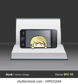 Cute blonde girl inside phone on book. Vector design