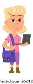 Cute blonde girl with laptop and school bag. Cartoon student character