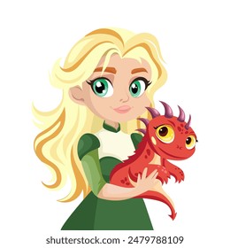 Cute blonde girl with little dragon in her arms cartoon vector illustration on a white background. The Princess and the Dragon.Cartoon illustration for print,decoration book design,t-shirt design