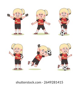 Bonito Loira Menina Cabelo Comprido Personagem Jogando Futebol Set