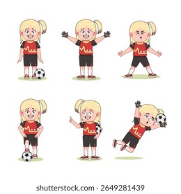 Bonito Loira Menina Cabelo Comprido Personagem Jogando Futebol