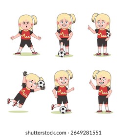 Bonito Loira Menina de Cabelo Longo Personagem Jogando Futebol com pose diferente