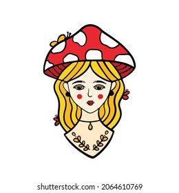 Cute blonde girl with mushroom hat, butterflies and plants vector illustration for seasonal forest design.