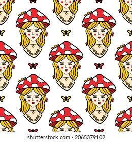 Cute blonde girl in mushroom hat with butterflies vector seamless pattern background for seasonal forest design.
