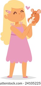 Cute blonde girl in pink dress holding a brown mouse with love. Child showing affection to small rodent pet. Friendship between kid and animal vector illustration.