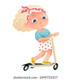 Cute blonde girl riding a kick scooter, kids character graphic cartoon. Childhood sport activity, happy schoolgirl on scooter. Sports and activity vector clip art illustration for children.