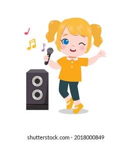 Cute Blonde Girl Singing With A Mic And Speaker. Flat Vector Cartoon Design