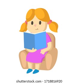 Cute blonde girl sitting in armchair reading a book. Colorful flat vector illustration, isolated on white background.