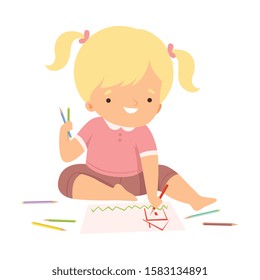 Cute Blonde Girl Sitting on the Floor and Drawing Picture with Colorful Pencils, Adorable Young Artist Cartoon Character, Kids Creative Hobby Vector Illustration