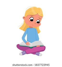 Cute Blonde Girl Sitting on Floor with Crossed Legs and Reading Book, Preschooler Kid or Elementary School Student Enjoying Literature Cartoon Style Vector Illustration