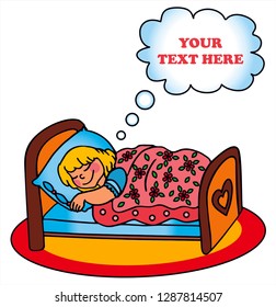 Cute blonde girl is sleeping on her bed. Your text here in the cloud. Colored vector for card or gift. 