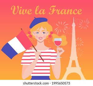 A cute blonde girl smiles, holds the flag of France and a glass of wine. Text "Vive la France". A festive illustration for the French National Celebration on July 14.	