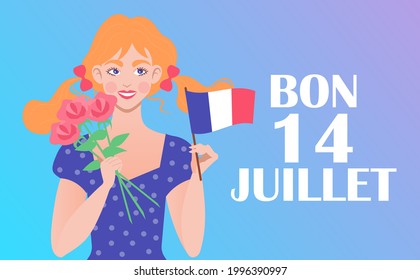 A cute blonde girl smiles, holds the flag of France and a glass of wine. Text "Vive la France". A festive illustration for the French National Celebration on July 14.	