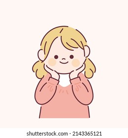 A cute blonde girl is smiling with her hands on her chin. flat design style vector illustration.