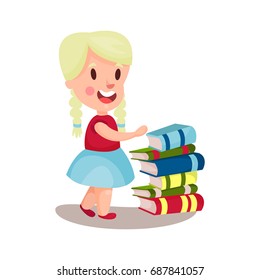 Cute blonde girl standing next to a pile of books, education and knowledge concept, colorful character vector Illustration