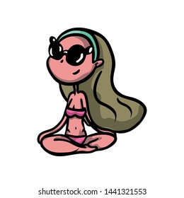 Cute blonde girl in sunglasses in pink swimwear take sunbath
