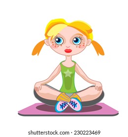 Cute blonde girl with two pony tall haircut practicing yoga - Flat Vector Illustration. Freckled young woman sitting in lotus pose. Eps10. Isolated on white.