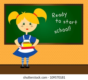 Cute blonde girl in uniform with a lot of colored books, preparing to start school