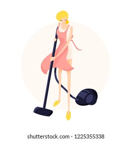 Cute blonde girl vacuuming the floor in a pink apron. Isolated flat illustration