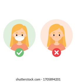 Cute blonde girl wearing a face mask. Set of two images showing how to prevent spreading viruses and bacteria.