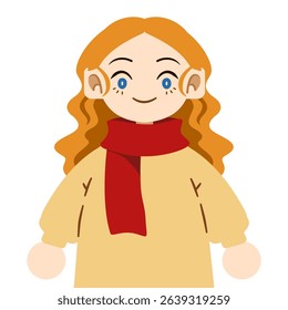 Cute blonde girl in yellow winter sweater and scarf, cartoon vector illustration
