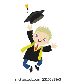 A Cute blonde hair boy with black toga dress jumping happily on the graduation day on white background for kids’ fashion artworks, children books, invitations, graduation cards, posters. Vector file.