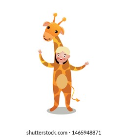 Cute blonde hair boy smiling in giraffe costume