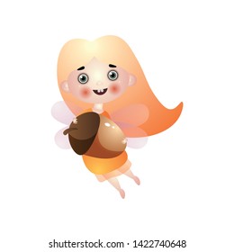 Cute blonde hair fairy girl flying with acorn