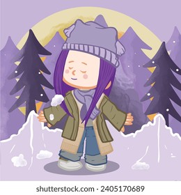 cute blonde hair girl with blue chloche wearing winter outfit