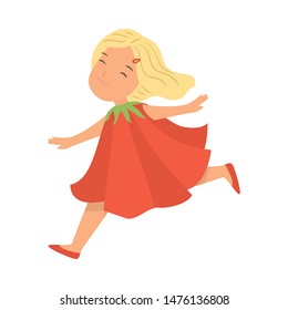 Cute blonde hair girl running in flower poppy dress