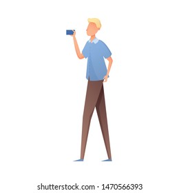 Cute blonde hair man in blue shirt make selfie