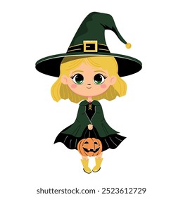 Cute blonde halloween witch girl. Kawaii vector illustration. Kid wearing halloween costume