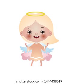Cute blonde happy girl angel stay on pink cloud