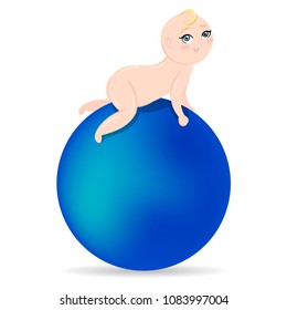 Cute blonde infant lies on the blue fit ball. Isolated vector illustration. Baby sport for children. Fitness