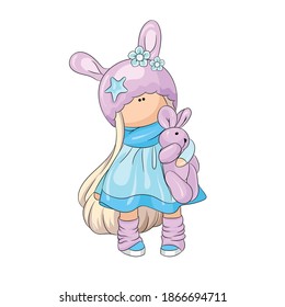 Cute blonde interior doll with a rabbit in her hands