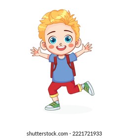 Cute blonde kid boy with backpack vector illustration. The kid boy goes to school.
