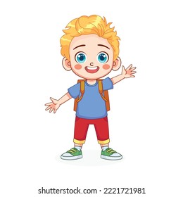 Cute blonde kid boy with backpack vector illustration. The kid boy goes to school.