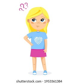 Cute blonde kid girl thinks with question marks. Vector