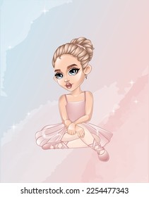 cute blonde little ballerina sitting in pink dress