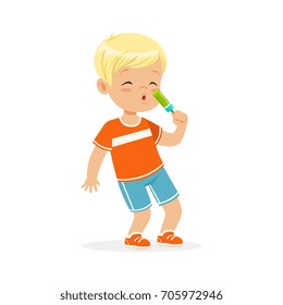 Cute blonde little boy character eating ice cream cartoon vector Illustration