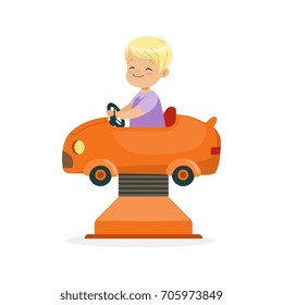 Cute blonde little boy riding on an orange car, kid have a fun in amusement park cartoon vector Illustration