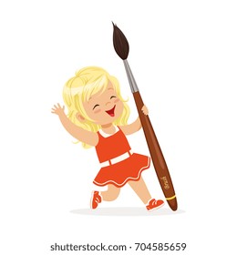 Cute blonde little girl in a red dress holding giant paintbrush cartoon vector Illustration